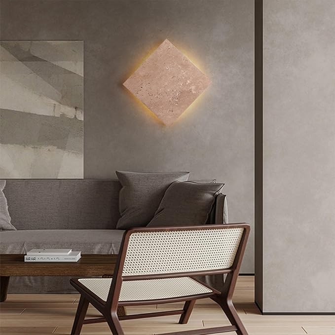 Japanese Style Wabi-Sabi Art Decor Lighting Fixture, Square Natural Stone LED Wall Sconce, Nordic Modern Marble Wall Light, Yellow Travertine Wall Lamp for Bedroom Entryway Living Room