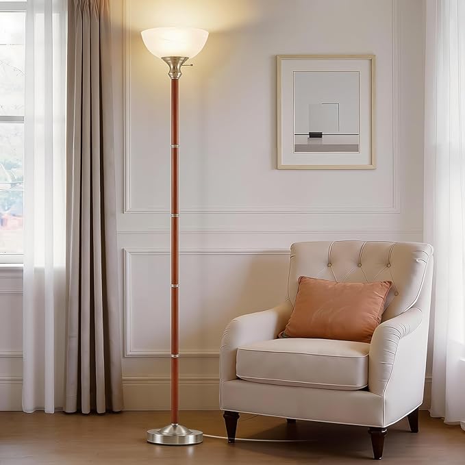 EJIAXIN Wood Floor Lamp for Living Room - Brushed Nikel Torchiere Floor Lamps for Bedroom Standing Lamp with Glass Shade - Mid Century Modern Corner Tall Lamps for Home Office Nursery Reading Light