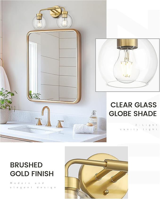 zeyu 16 Inch Wall Sconce Lighting for Bathroom, Gold Bathroom Vanity Light, 2-Light Vanity Lights with Clear Glass Globe Glass, Brushed Gold Finish, ZS62BG-2W BG