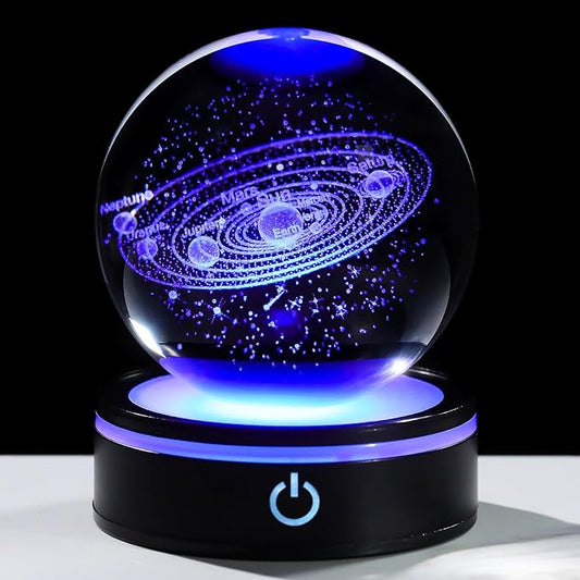 YWHL 3D Solar System Crystal Ball 80mm with Light Base, Laser Engraved Glass Planet Solar System Model Sphere Night Light Decor Space Universe Astronomy Gifts for Women Men Teens Boys and Girls