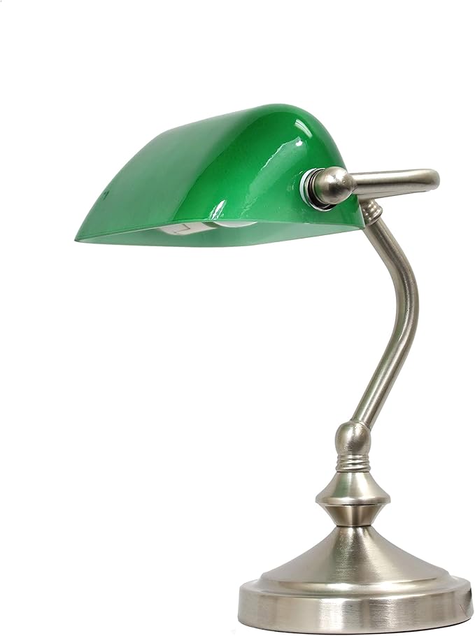 Simple Designs LT3057-GRN Brushed Nickel Mini Traditional Banker's Lamp with Glass Shade, Green