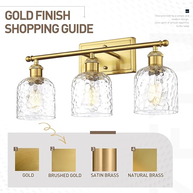zeyu 27'' Modern Vanity Lights Over Mirror, 4-Light Brushed Gold Wall Light for Mirror Bedroom, Brushed Gold Finish with Clear Hammered Glass, ZJF63B-4W BG