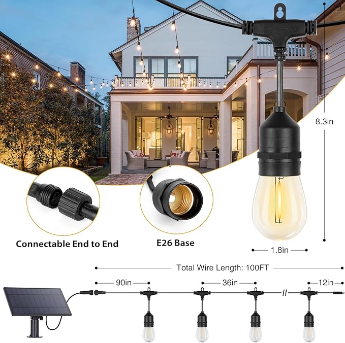 ZJOJO Solar String Lights Outdoor Waterproof 100FT,Solar Lights Outdoor with 30+2 Shatterproof Bulbs IP65, Patio Lights Solar Powered &USB Port, LED String SolarLights for Outside Decor