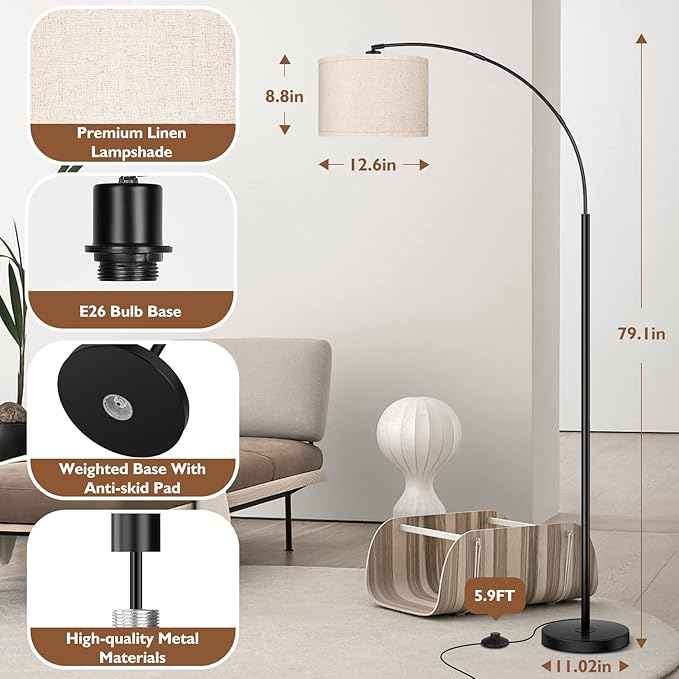 79'' Arc Floor Lamps for Living Room, Modern Standing Lamp with Adjustable Hanging Drum Shade, Black Tall Pole Lamp with Weighted Base & Edison E26 Socket, Corner Light for Reading Bedroom Office