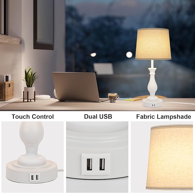 LALISU Farmhouse Table Lamp Touch Control 3-Way Dimmable Table Lamp, Modern Nightstand Lamp with 2 USB Port Bedside Desk Lamp with Fabric Shade for Living Room Bedroom Hotel (Pack 1-Off White)