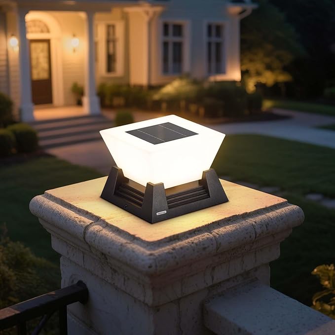 Solar Post Lights, 11'' Pillar Light Fixture, Waterproof Dusk to Dawn Fence Column Lantern with 3000K LED, Post Cap Lamp Outdoor Lighting for Patio Garden Driveway Deck Yard Entrance