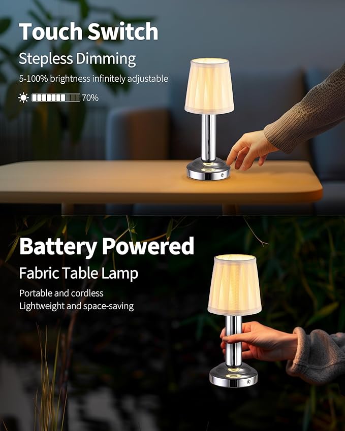 Small Cordless Table Lamp 2 Pack, 11.4" H Fabric Shade Touch Lamps, 4000mAh Rechargeable Battery Powered Lamp, Mini Bedside Lamp for Buffet, Dining Room, Bedroom, Bar (Silver)