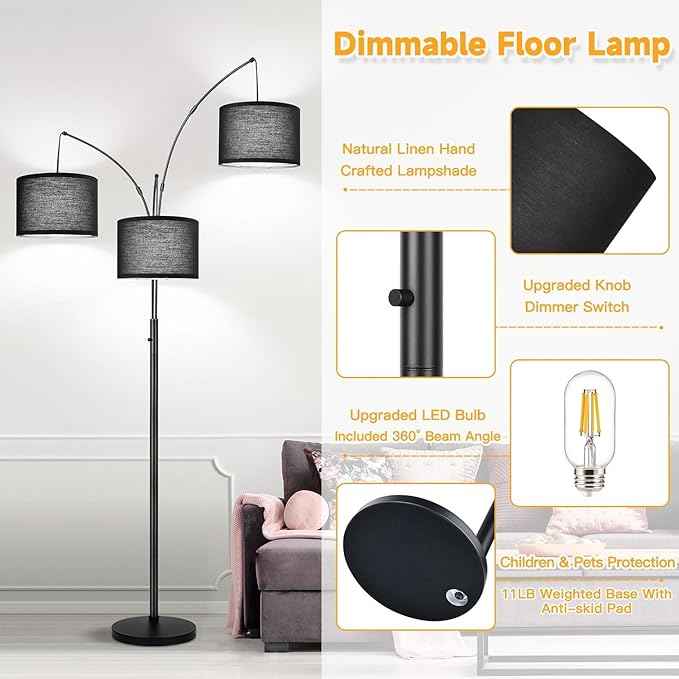 Dimmable Floor Lamp, 3 Lights Black Arc Floor Lamps for Living Room, Modern Tall Standing Tree Lamp with Black Shade & Heavy Base, Large Floor Lamp for Bedroom Office, 3x1000 LM LED Bulbs Included