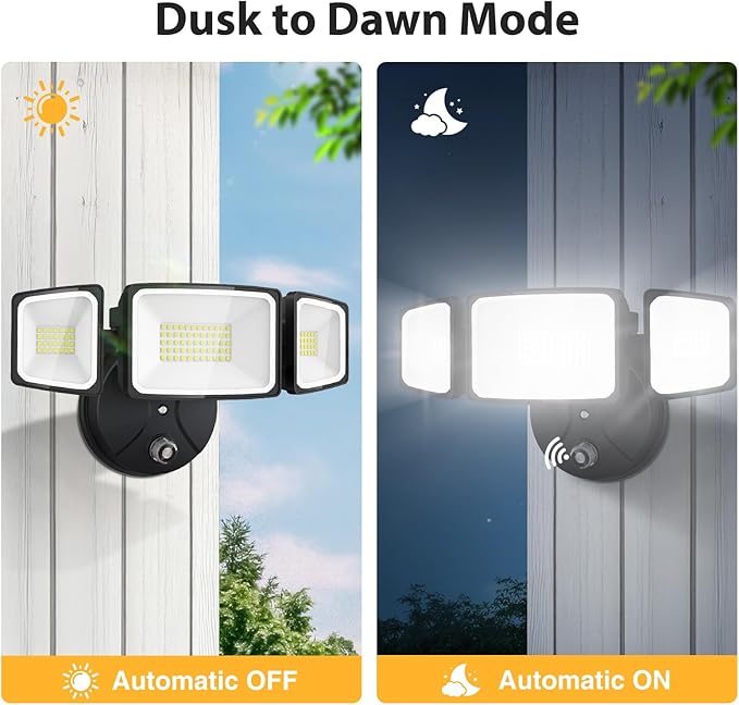Onforu 70W LED Dusk to Dawn Flood Lights, 7000LM Black Exterior Security Outdoor Lighting,IP65 Waterproof Outdoor 3 Adjustable Heads Photocell Light Fixture,6500K Floodlight for Garage,Patio,Yard