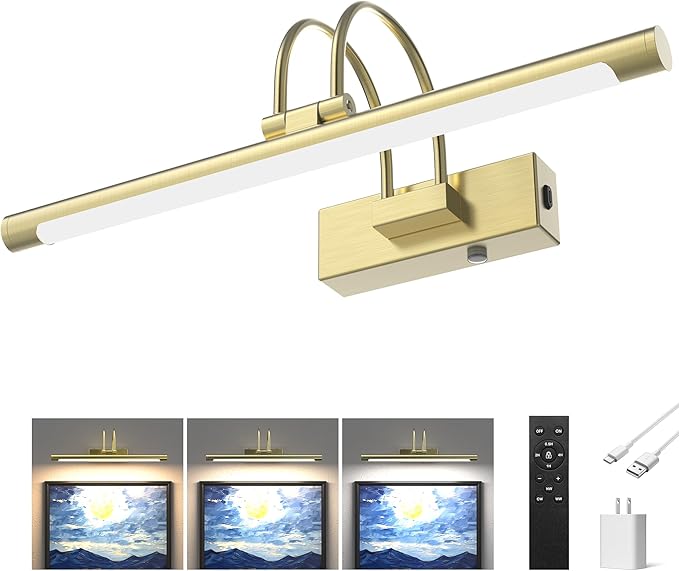 URSOLA 16” Picture Lights for Wall, 5200mAh Rechargeable Battery, Gold Coldless Picture Light with Remote. 3CCT, Timer, Dimmer.