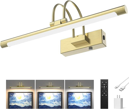 URSOLA 16” Picture Lights for Wall, 5200mAh Rechargeable Battery, Gold Coldless Picture Light with Remote. 3CCT, Timer, Dimmer.