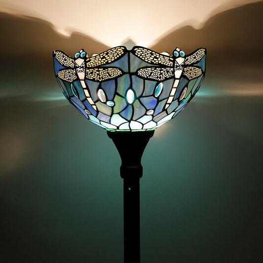 Tiffany Torchiere Floor Lamp Stained Glass Blue Dragonfly Style Standing Corner Torch Uplight 12X12X72 Inch for Bedroom Living Room Home Office
