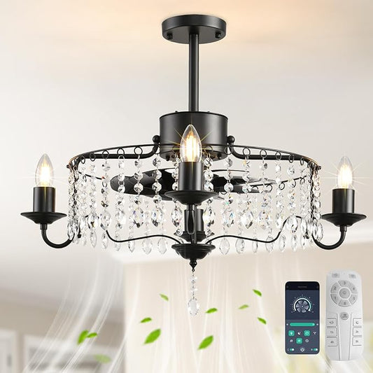 Garwarm 19.6in Crystals Ceiling Fan with Lights,Bladeless Black Fandelier Ceiling Fan with Remote, Industrial Flush Mount Ceiling Fan Lights Ceiling Fixtures for Kitchen Bedroom(6 Speed, Timing)
