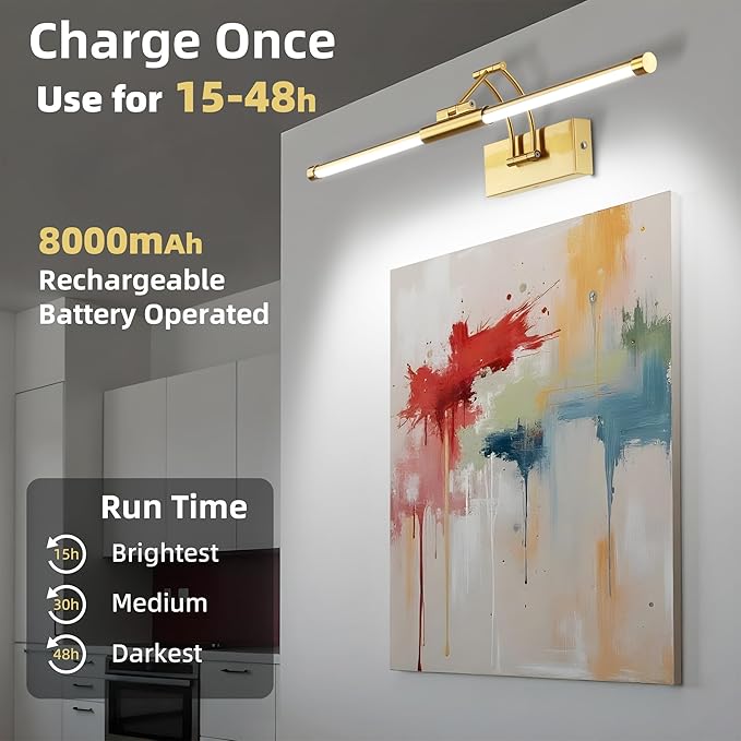 24“ Picture Lights for Wall Battery Operated, Wireless Picture Lights with Remote, Rechargeable Wall Light 3000K/4000K/6000K Dimmable, Art Lighting for Paintings Frame Gallery Dartboard Light, Brass