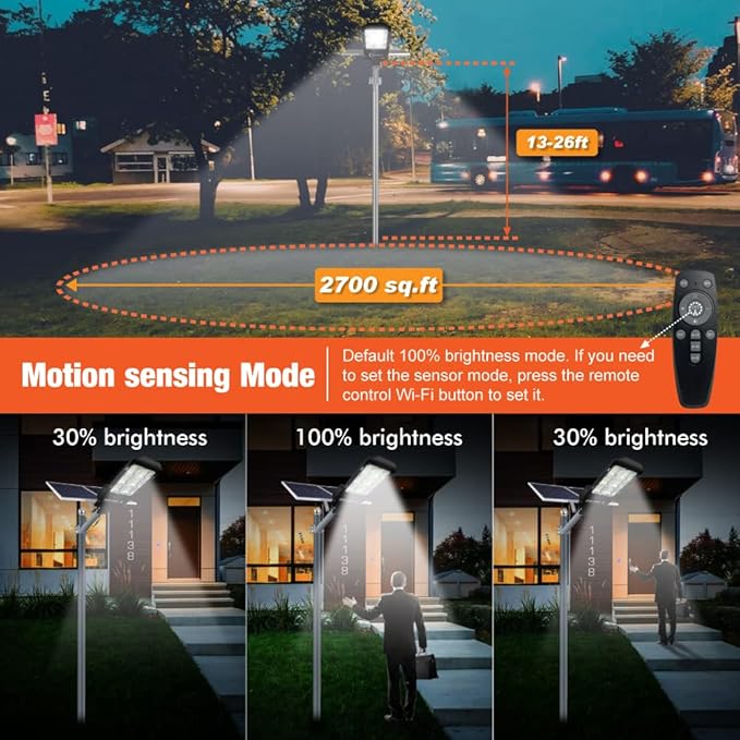 Solar Street Light,Solar Lamp Outdoor Security Led Flood Lights Pole Light Dusk to Dawn Remote Control with Motion Sensor 43000 Lumens for Parking Lot,Stadium,Pathway,Yard,Roadway