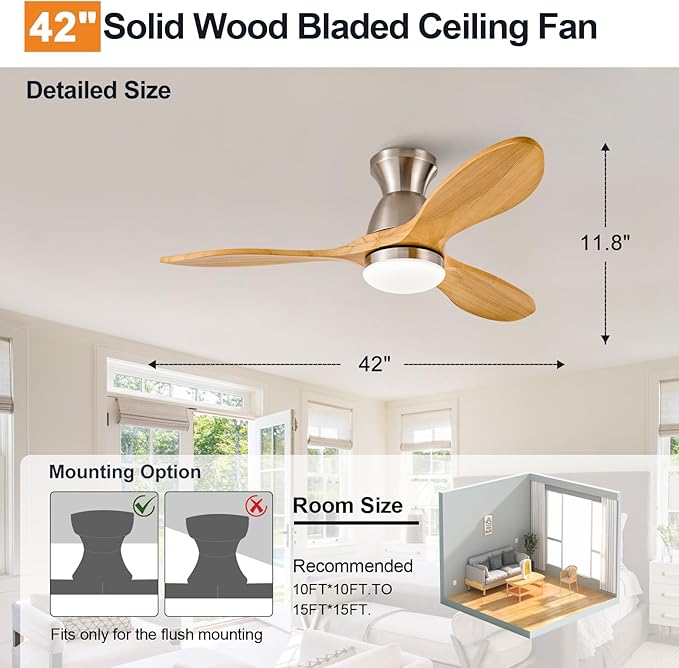 42 Inch Flush Mount Ceiling Fans with Lights and Remote, Dimmable 3 Blade Wood Bedroom Ceiling Fan with Lights Low Profile Ceiling Fan with Light Brushed Nickel Outdoor Ceiling Fans for Patios