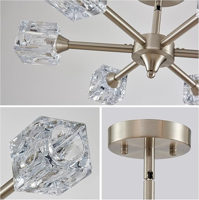 XINGQI Brushed Nickel Chandelier 6-Light 20" Semi Flush Mount Ceiling Light Fixture Modern Round Sputnik Chandelier for Bedroom Entryway Dining Room Living Room - Aura Lighting