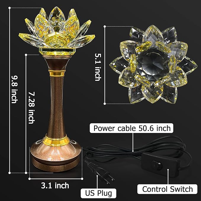 1 Pair Colorful LED Lotus Flower Lamp 7 Color Crystal Buddha Lamp for Cabinet Buddhist Altar - Light Control Crystal Decor Night Light -110V US Plug(10 inch)