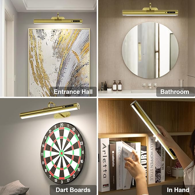 Wireless Rechargeable Picture Lights for Wall, Battery Operated Art Sconce with Remote Control, Magnetic LED Picture Frame Lamp for Painting Mirror Portrait Gallery Dart Board Indoor - Antique Brass
