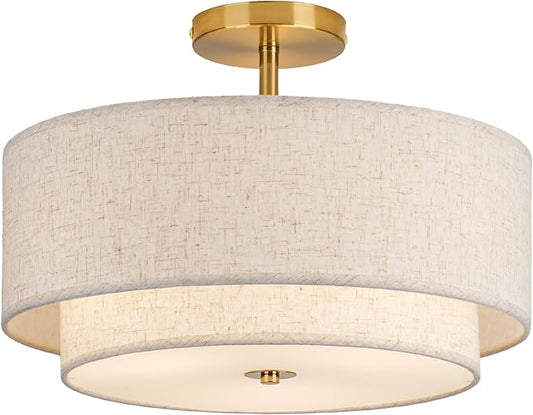16" Double Drum Gold 3-Light Semi Flush Mount Ceiling Light, Classic Fabric Linen Shade Design for Living Room, Bedroom, Kitchen, Dining Room, Hallway and Entryway - Aura Lighting