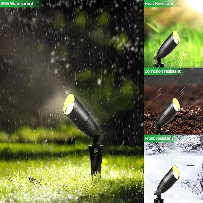 wowlite Low Voltage Spot Lights Outdoor LED 4 Pack, Die-cast Aluminum Landscape Spotlights, Waterproof Black Uplights with MR16 Bulbs Ground Stake for Garden Courtyard Pathway - Aura Lighting