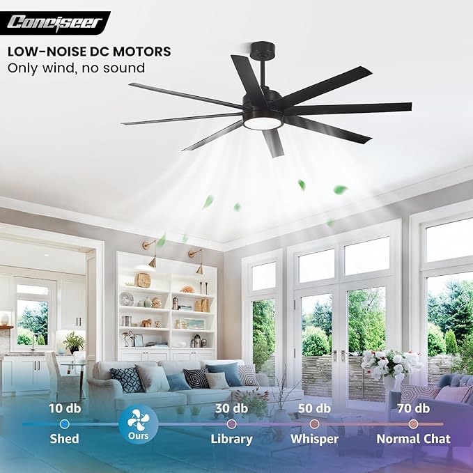 Modern Ceiling Fans with Lights, 65 Inch Ceiling Fan with Light and Remote for Bedroom Living Room Kitchen Office, Indoor/Outdoor Use, 24W 3CCT 8 Blades 6 Speed Reversible Quiet DC Motor, Black