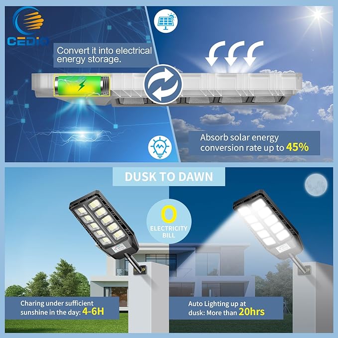 CEDIO 6500W Solar Light Outdoor, Solar Street Lights Outdoor IP66 Waterproof, 6500K Dusk to Dawn LED Security Flood Lights Motion Sensor with Remote Control for Yard(6500K-2PACK)