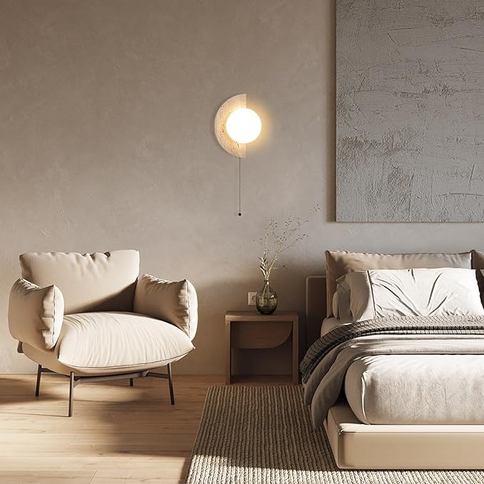 Semi Circle Yellow Travertine Wall Sconce, Wabi Sabi Marble Wall Light with Glass Lampshade and Pull Switch, Half Moon Natural Stone Wall Lamp for Bedroom Living Room Hallway(Left)