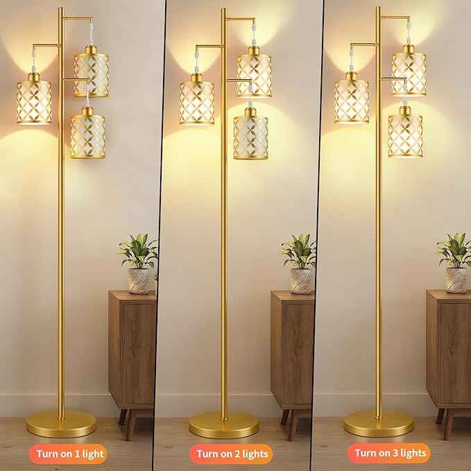 New Upgraded 72" Tall Dimmable Floor Lamp with 3 x 1100LM 12W Bright LED Bulbs, Farmhouse Standing Lamp with Remote Control, Industrial Tree Pole Floor Lamps for Living Room, Bedroom, Office - Gold