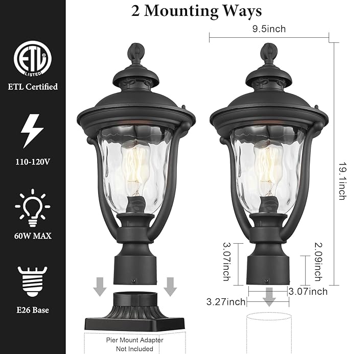 Outdoor Post Lights, Modern Exterior Lamp Posts Light Fixtures, Waterproof and Anti-Rust Aluminum Outside Pole Latern for Porch Patio Garden, Water Ripple Glass Lamp Shade, Black Finish