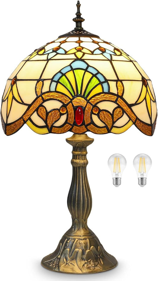 YingJu Tiffany Lamp,Yellow Stained Glass Table Lamp,12X12X19 Inches Baroque Style Desk Lamp for Bedroom,Living Room,Home Office (Including LED Bulbs) - Aura Lighting