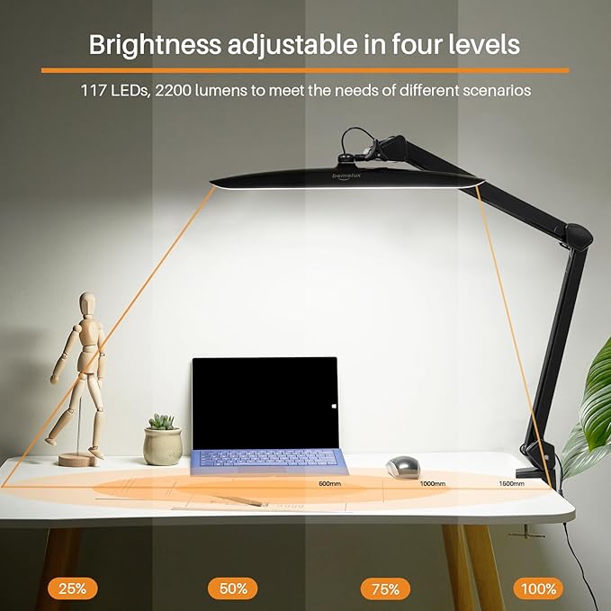 117PCS LED Clamp Desk Lamp, 20 Inch Metal Swivel Arm with Protective Casing, 2200 Lumens, Dimmable Task Lamp for Reading, Office Work, Sewing, Study, and Crafts(Black) - Aura Lighting