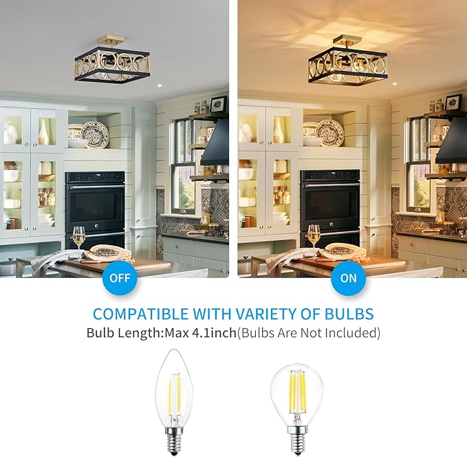 XINGQ Black and Gold Ceiling Light Fixture Modern 4-Light 13'' Semi Flush Mount Ceiling Lights for Living Dining Room Bedroom with Square Metal Shade, E12 Bulb Base - Aura Lighting