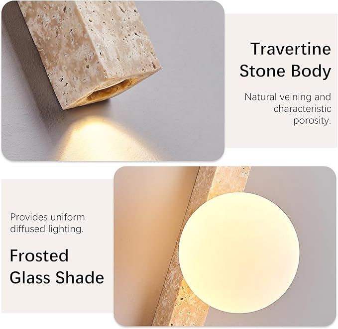 Modern Yellow Travertine Wall Sconce, Japanese Style Wabi Sabi Light Fixture with Natural Stone Base & Glass Lampshade, Interior Decoration Wall Lamp for Bedroom Living Room Hallway(90cm)
