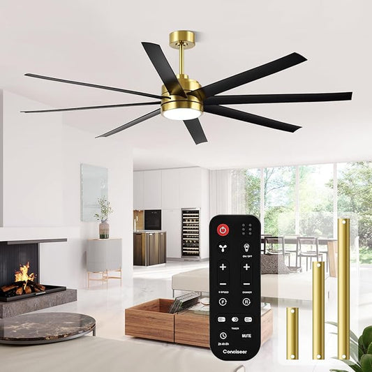 72 Inch Ceiling Fans with Lights and Remote for Living Room Kitchen Library Cafe Outdoor/Industrial Use, 3CCT Dimmable, Dual Color 8 Blades 6 Speed Reversible Quiet DC Motor, Gold/Black