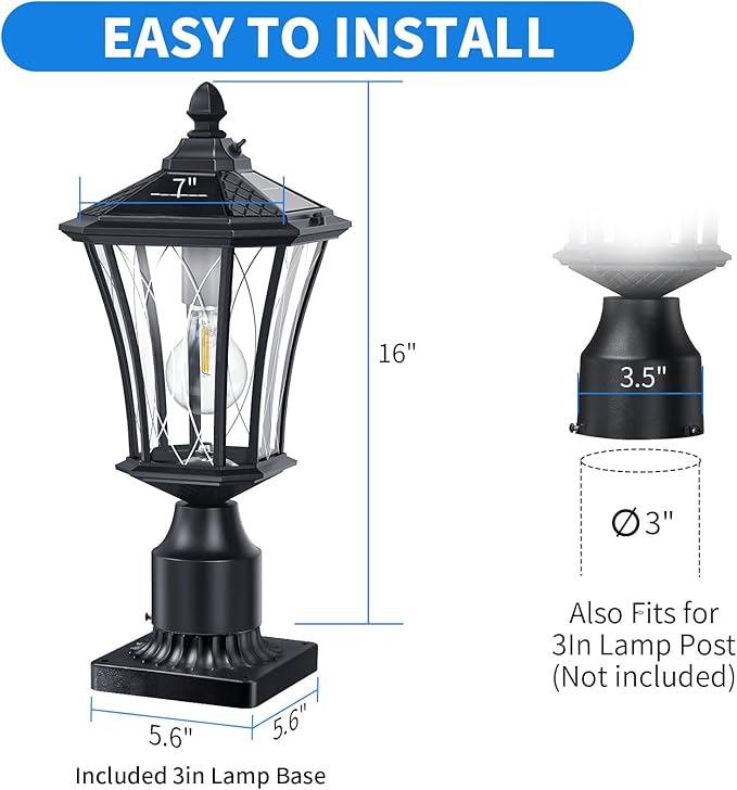 YSN 16" Solar Post Lights Outdoor, Dusk to Dawn Outdoor Post Lights with Pier Mount Base, Black Solar Lamp Posts Light Fixture, Waterproof Light Posts for Outside Yard Garden Patio, 1 Pack