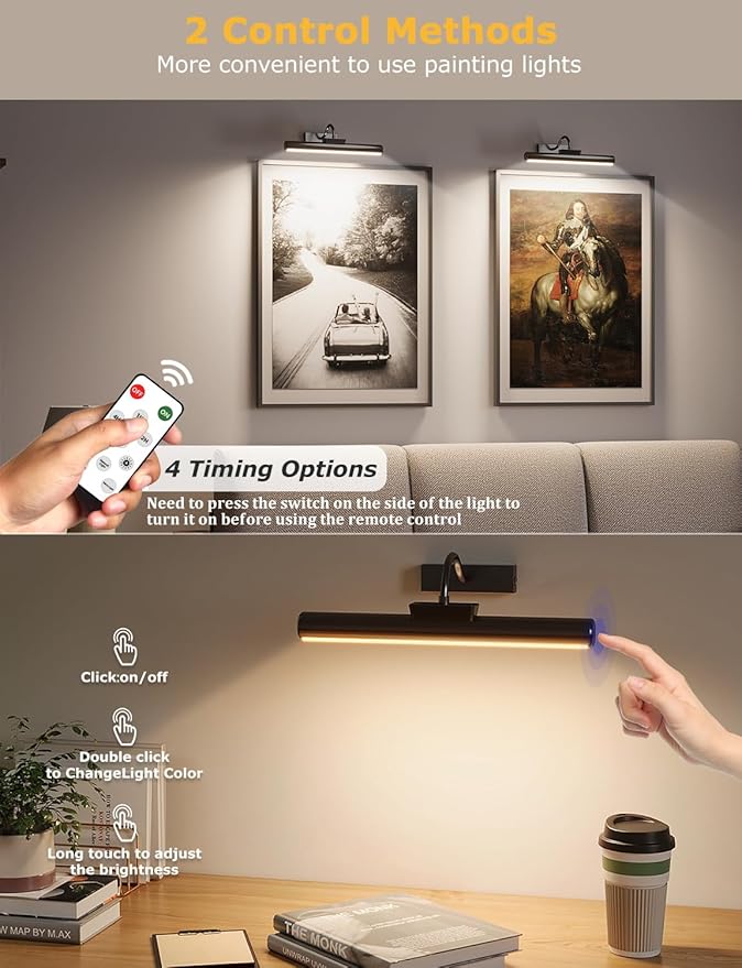 Wireless Picture Light with Remote, Battery Operated Wall Sconce 5000mAh, 3 Color Modes and Dimmable LED Wall Lights with Timer for Painting, Frame, Gallery, Dartboard, Bedroom (Black-2Pack)
