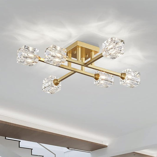 XINGQI Modern Ceiling Light 6 Lights Semi Flush Mount Ceiling Light Fixture, Gold Sputnik Chandeliers Mid Century Industry Lights for Bedroom Dining Room Farmhouse Kitchen - Aura Lighting