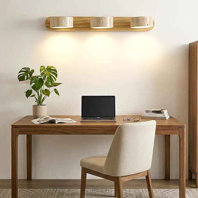 Travertine Vanity Light, 300° Swivel Japandi Ash Wood LED Wall Sconce, Natural Stone Mirror Lighting Fixtures, 20" 3-Light Modern Rustic Wall Lamp for Bathroom & Bedroom (110V)