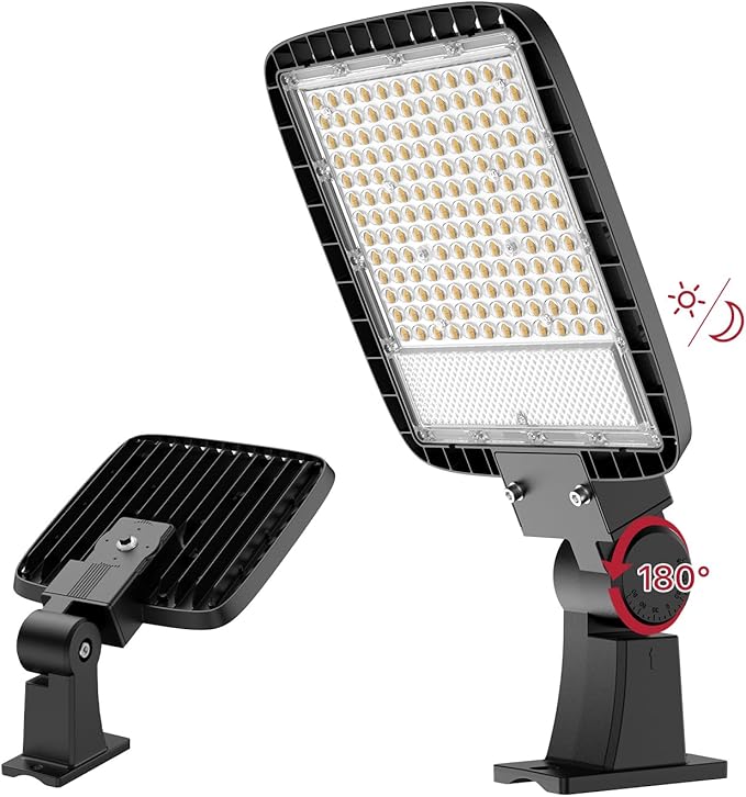 Kifflux 200W Led Parking Lot Light with Dusk to Dawn Photocell Adjustable Arm Mount 24000LM Flood Lights 120V 5000K IP65 Waterproof Shoebox Street Commercial Lighting for Yard, Warehouse, Barn - Aura Lighting