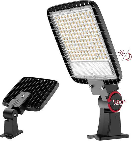 Kifflux 200W Led Parking Lot Light with Dusk to Dawn Photocell Adjustable Arm Mount 24000LM Flood Lights 120V 5000K IP65 Waterproof Shoebox Street Commercial Lighting for Yard, Warehouse, Barn - Aura Lighting