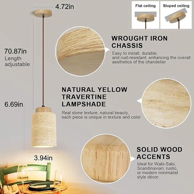 Wabi Sabi Yellow Cave Stone Pendant Light Natural Stone Shade Nordic Wood Chandelier,Japanese Style Lights Natural Stone Lamp For Dining Room Bedside Kitchen Island Hallway