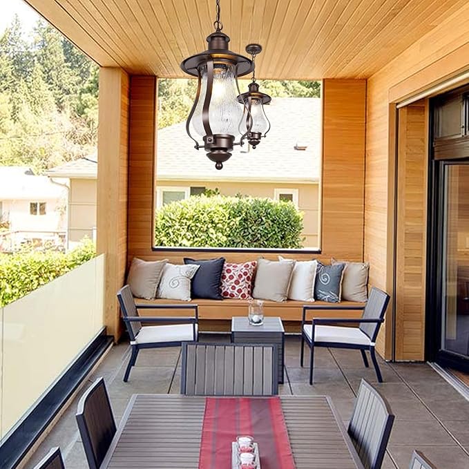 Treekee Outdoor Pendant Light, Vintage Hanging Lantern with Wood Grain Glass, Farmhouse Adjustable Brown Exterior Chandelier Fixture with E26 Socket for Porch, Patio, Entryway, Gazebo - Aura Lighting