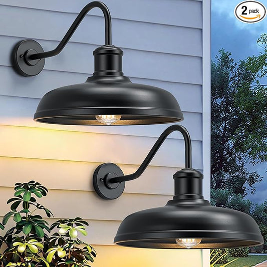 16 Inch Dome Gooseneck Barn Light Outdoor, Large Farmhouse Exterior Light Fixture Wall Mount, Industrial Outdoor Wall Sconce Outside Lantern for House, Porch, Garage, Entryway, Black (No Sensor)