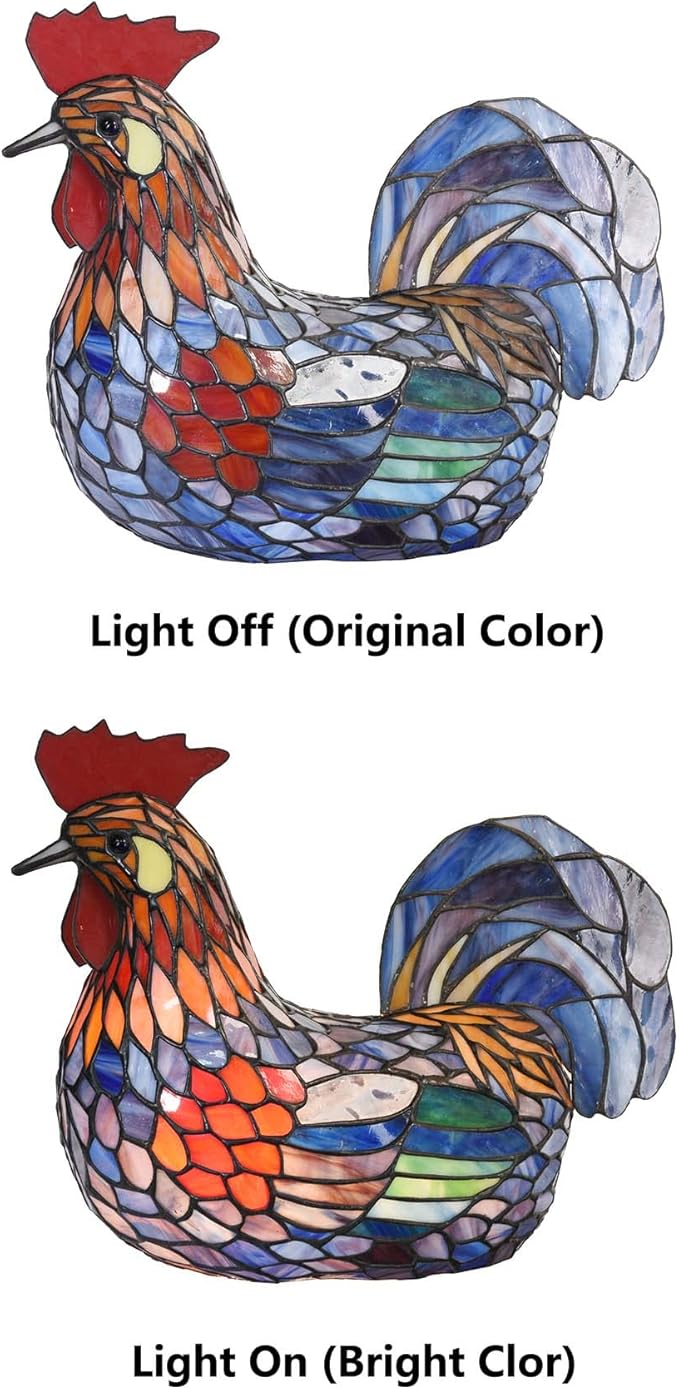Bieye L10834 Colorful Rooster Tiffany Style Stained Glass Accent Table Lamp Night Light for Bedside Living Room Decoration