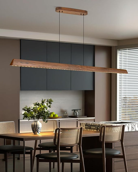 59" Wood Linear Pendant Light, Dimmable Kitchen Island Lighting with Remote, 30W LED Island Lights for Kitchen, Adjustable Linear Chandelier for Dinning Room Light Fixture, Bar, Pool Table Light