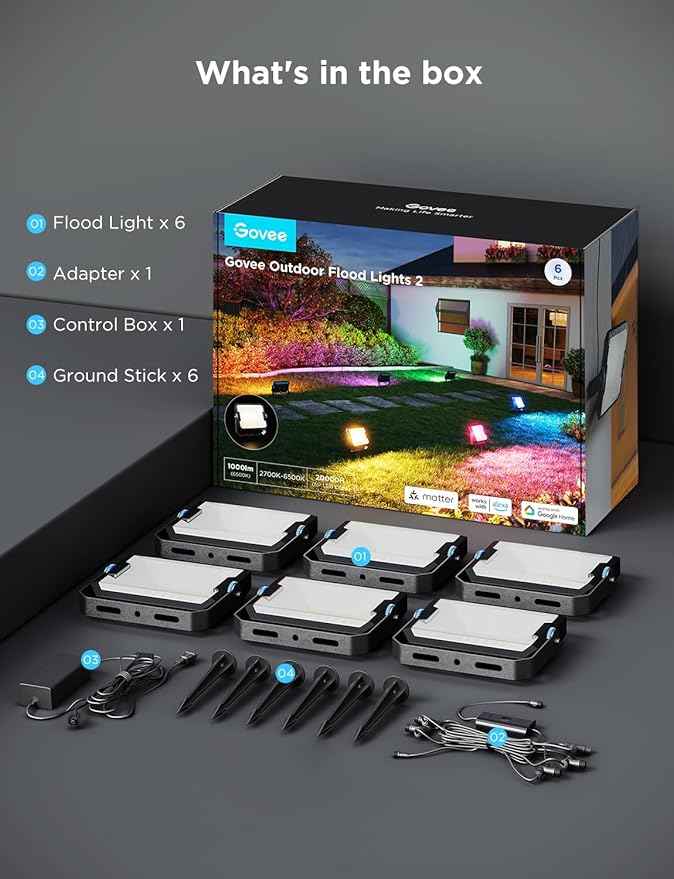Govee Outdoor Flood Lights 2, RGBIC Warm Cold White LED Lights for Outdoor Decorations, 50 Scene Modes, Landscape Lighting, Upgraded IP66 with App Control, Wired 6 Pack