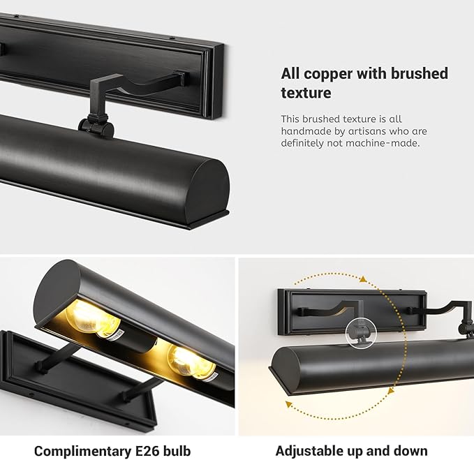 Black Picture Light, 24in Bronze Picture Lights for Wall, 4-Light Hardwired Picture Light, Indoor Artwork Lighting, Accent Light for Living Room, Bookcase, Library Display (Includes Bulbs)