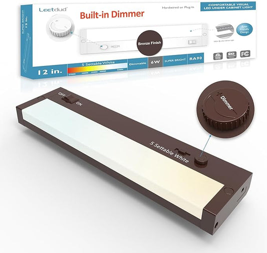 Under Cabinet Lighting Plug in or Hardwired Built-in Dimmer, 12 Inch 6W, 5CCT 2700/3000/3500/4000/5000K, Linkable Counter Lights for Kitchen, ETL Dimmable LED Light Fixture, Bronze
