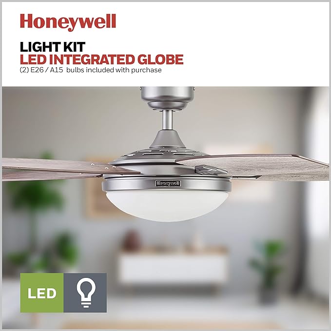 Honeywell Ceiling Fans Carmel Modern 48 Inch Ceiling Fan with Light, Remote Control Fan, LED Indoor Fan with 5 Blades, Gray Oak and Brown Chestnut Blade Finish Options, Silver (51627-01)
